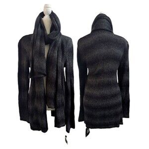 Elie Tahari Woman's Knit Open Cardigan Removable Scarf Grey Black Long Sleeves L